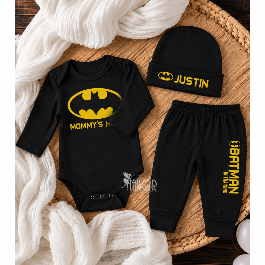 Batman Baby Boy Custom Name Outfit - Newborn Superhero Clothes & Gift Box Set