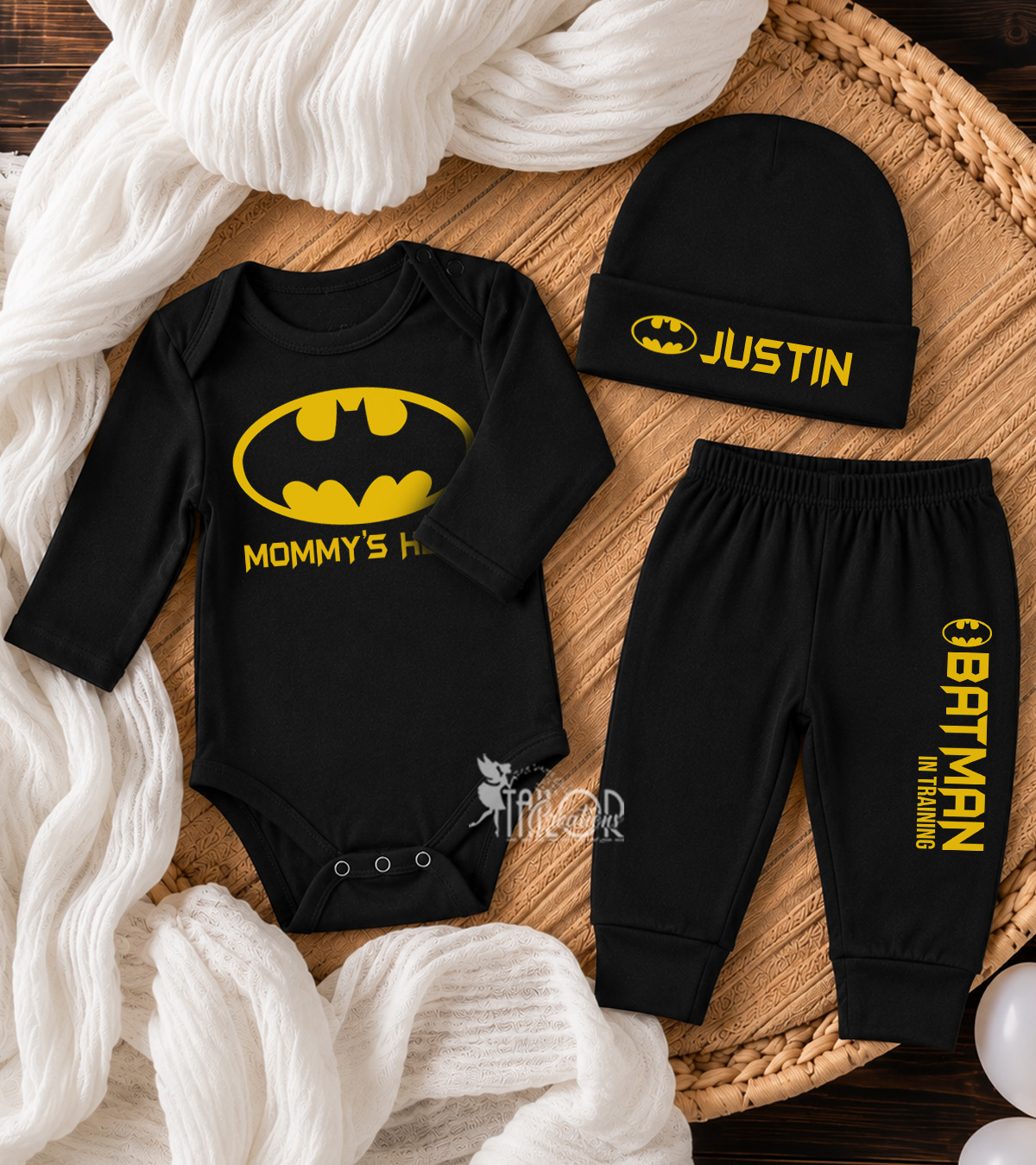Batman Baby Boy Custom Name Outfit - Newborn Superhero Clothes & Gift Box Set