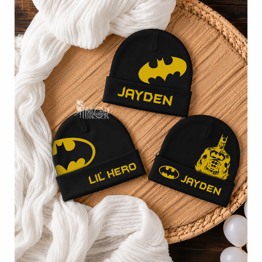 Batman Newborn Baby Boy Custom Name Hat Set - Superhero Baby Gift Set - Unique Batman Baby Shower Gift Box Set