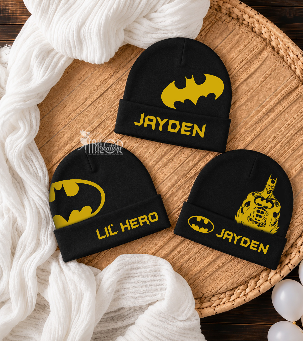 Batman Newborn Baby Boy Custom Name Hat Set - Superhero Baby Gift Set - Unique Batman Baby Shower Gift Box Set