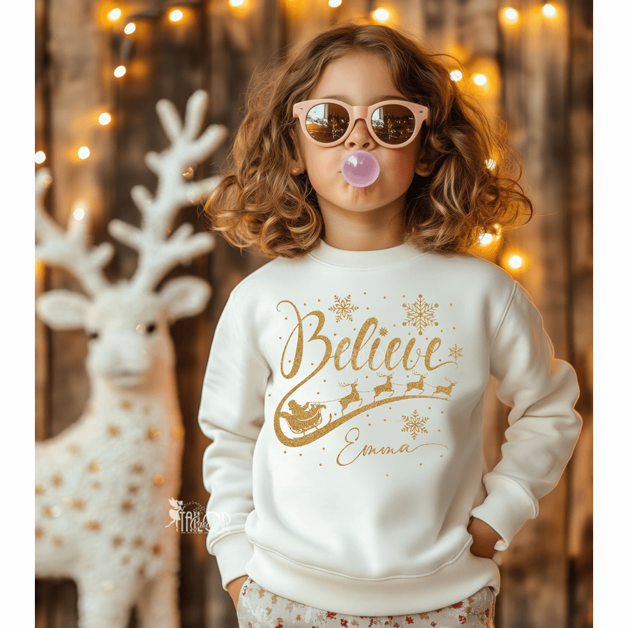 Believe In Santa Gold Glitter Sweatshirt Toddler Kids - Christmas Santa Outfit Toddler Girls