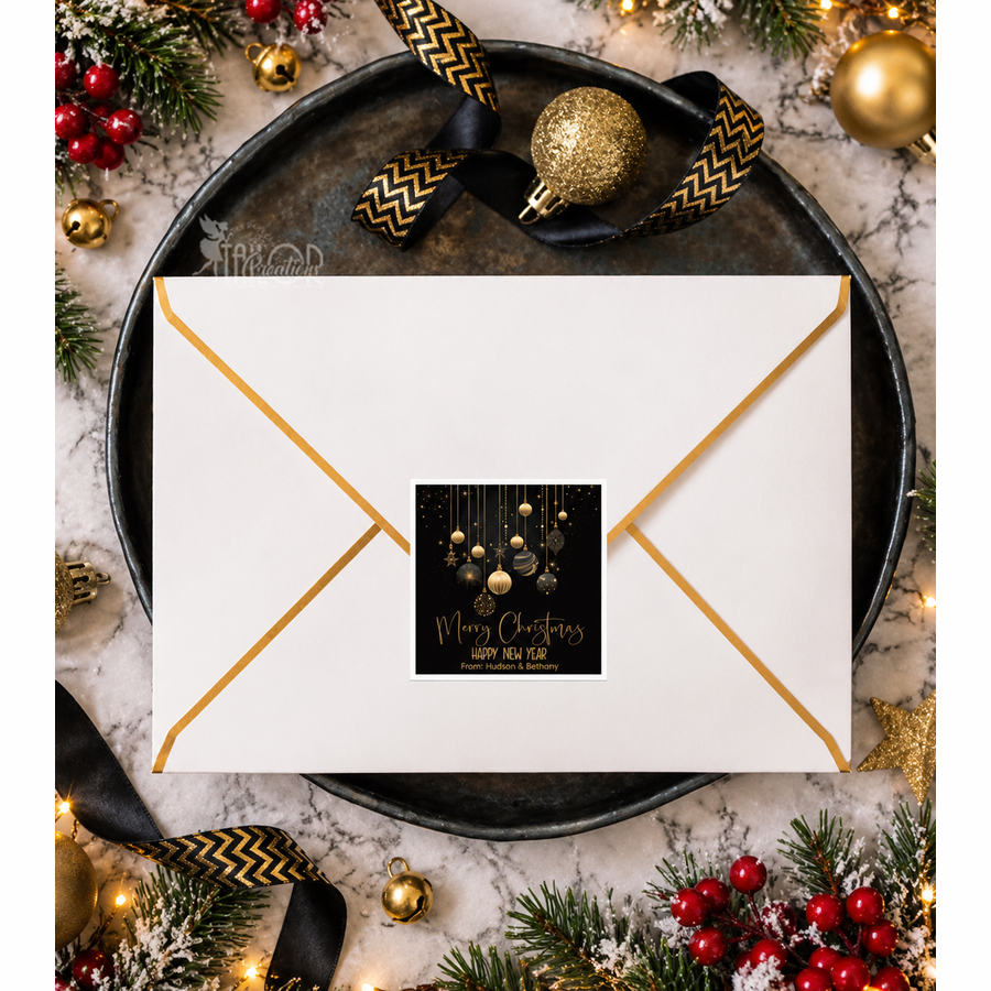 Black & Gold Christmas Envelope Seal Stickers - Merry Christmas Custom Stickers