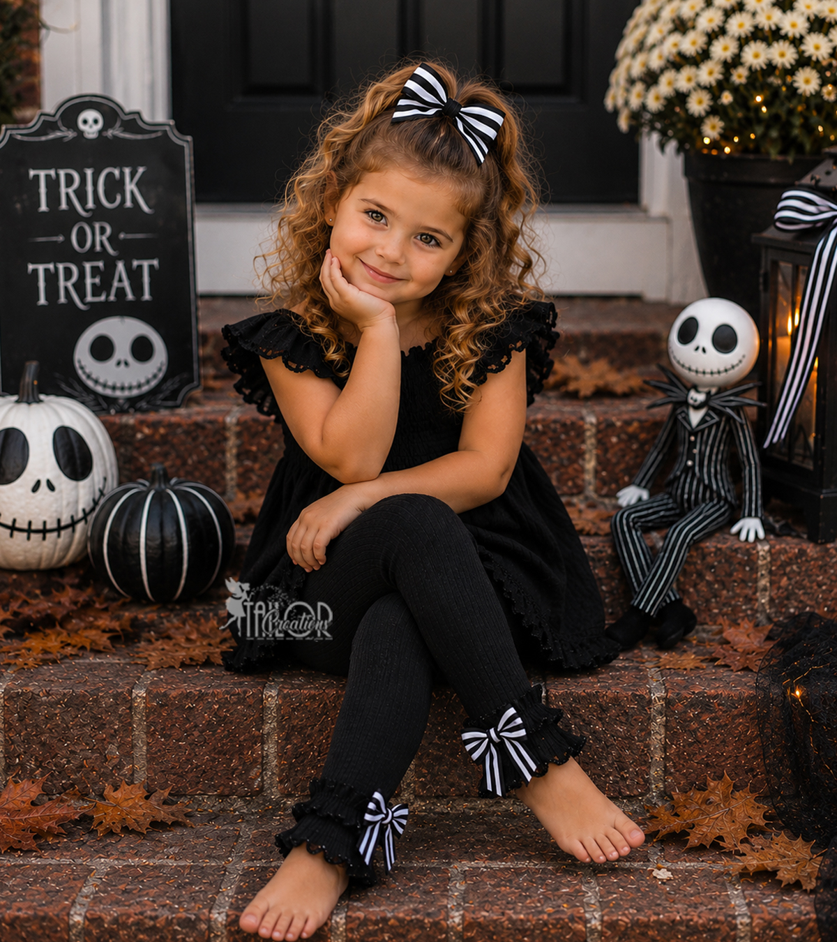 Black Ruffle Bow Halloween Leggings for Toddlers - Jack Skellington Inspired Kids Leggings