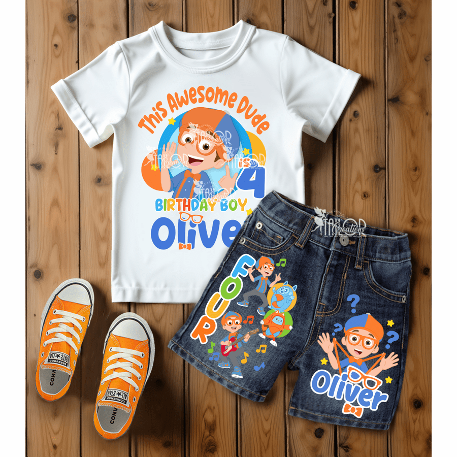 Blippi Custom Birthday Party Outfit Set for Boys - Blippi Custom Outfit - Blippi Denim Birthday