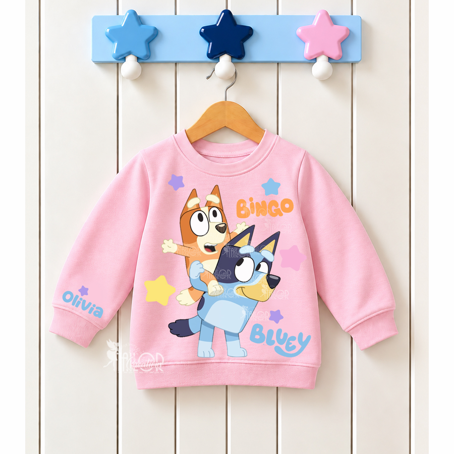 Bluey and Bingo Pink Crewneck Sweatshirt - Bluey Custom Sweatshirt for Girls