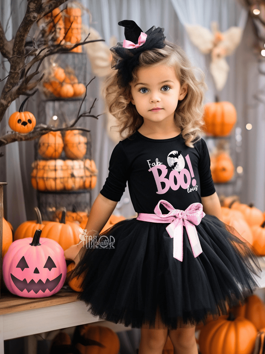 Boo Dress Tutu Outfit Toddler Baby Girl Pink & Black Halloween - Boo Outfit