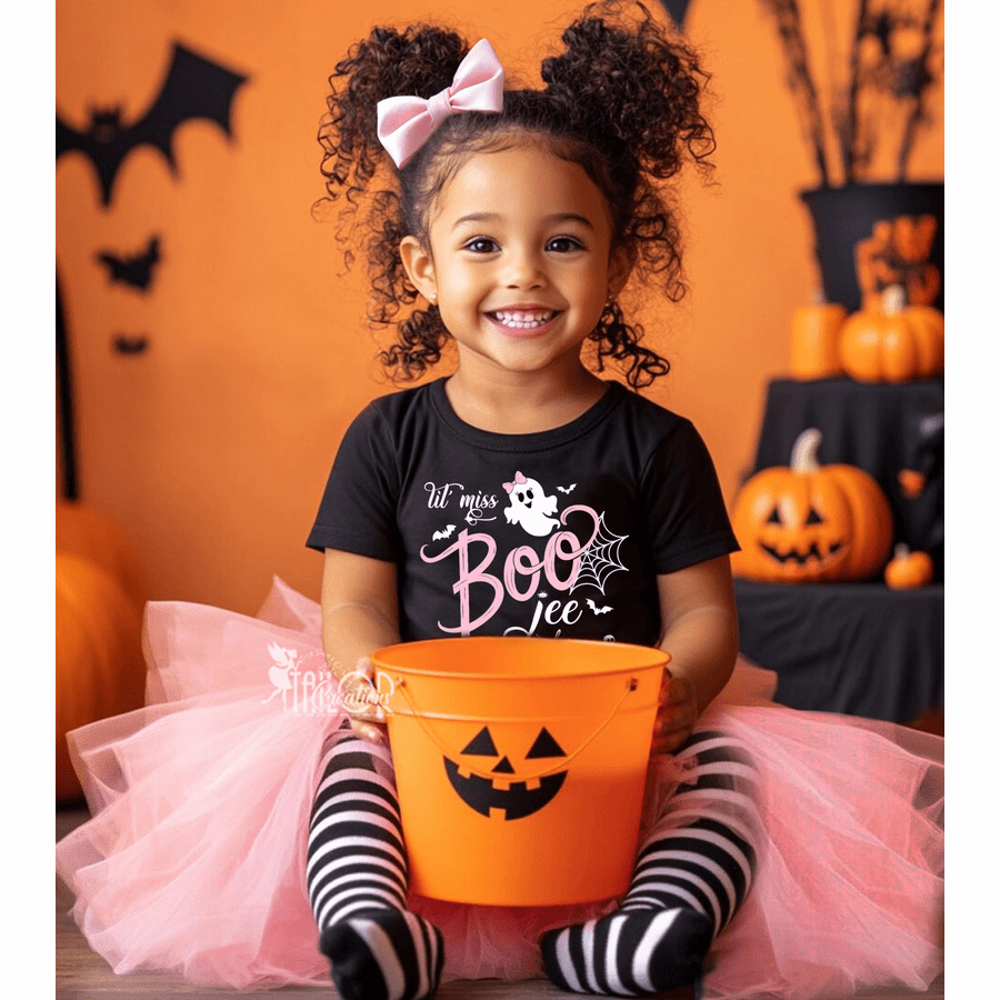 Little Miss Boo jee Ghost Pink Custom Halloween Shirt - Pink and Black Halloween Costume Girls