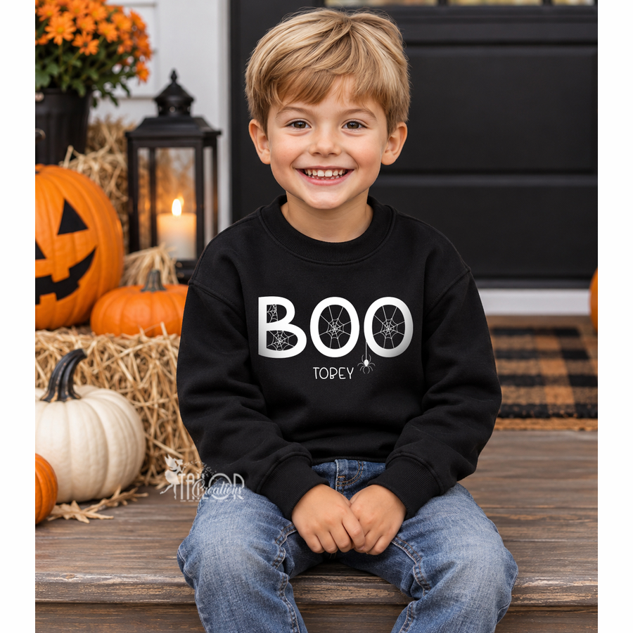 Boo Spider Web Custom Name Halloween Toddler Boy Sweatshirt - Boo Glitter Sweatshirt for Toddler Girl