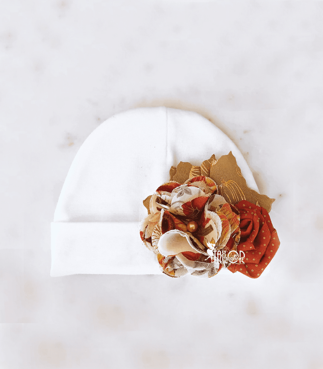 Boutique Fall Fabric Flower Cluster Baby Hat - Newborn Hospital Baby Shower Gift Ideas