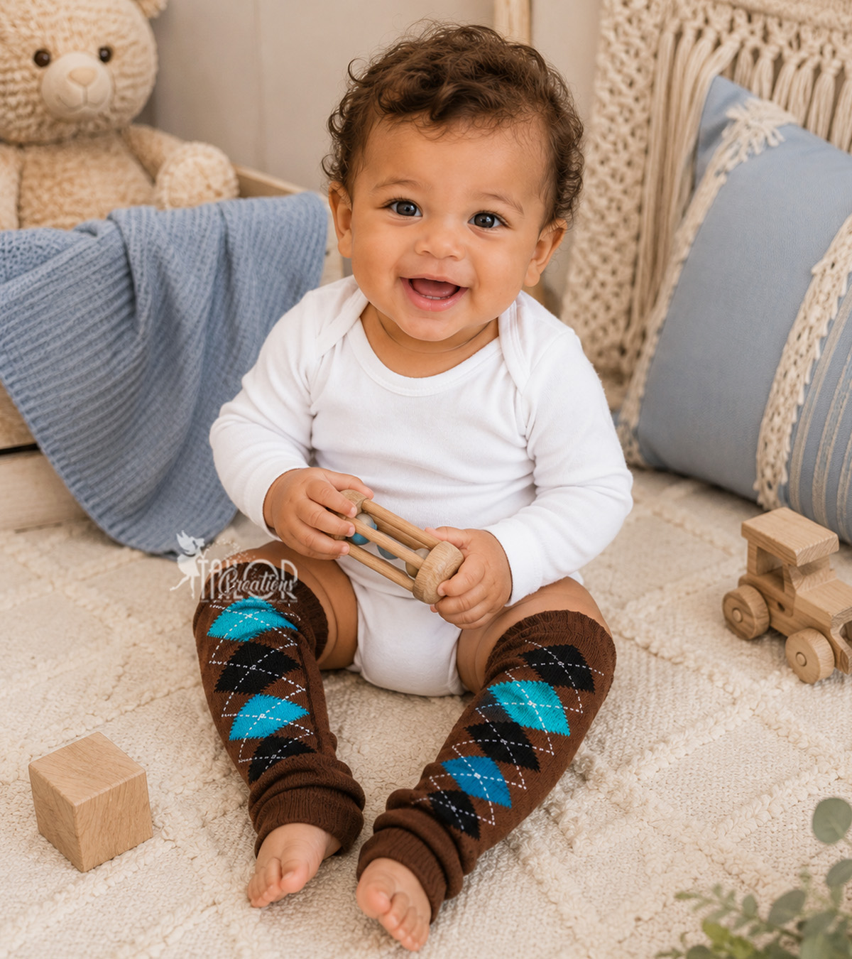 Brown Teal and Blue Argyle Baby Boy Leg Warmers - Baby Boy Leggings Pattern Argyle Design