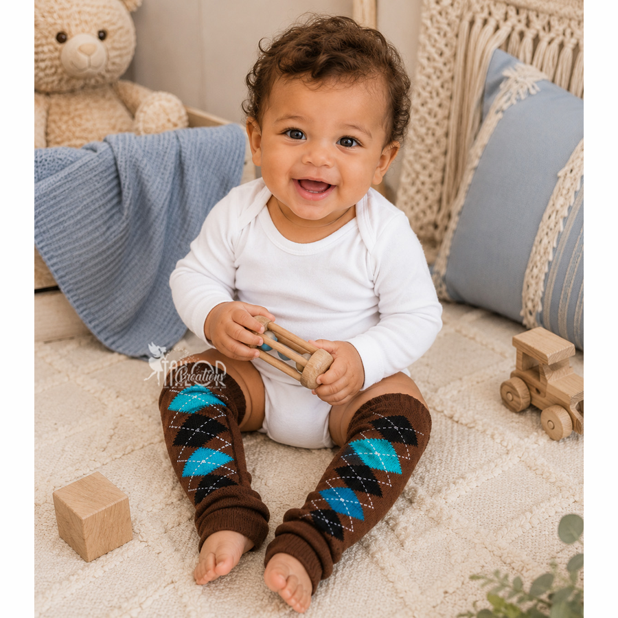 Brown Teal and Blue Argyle Baby Boy Leg Warmers - Baby Boy Leggings Pattern Argyle Design