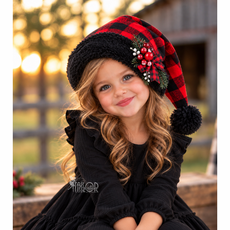 Buffalo Plaid Black Fur Santa Hat for Toddler Kids - Kids Personalized Name Santa Hat
