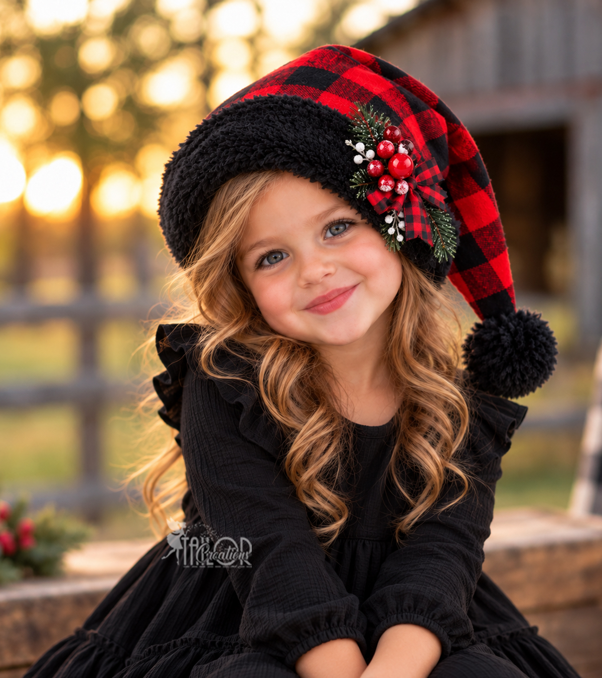 Buffalo Plaid Black Fur Santa Hat for Toddler Kids - Kids Personalized Name Santa Hat