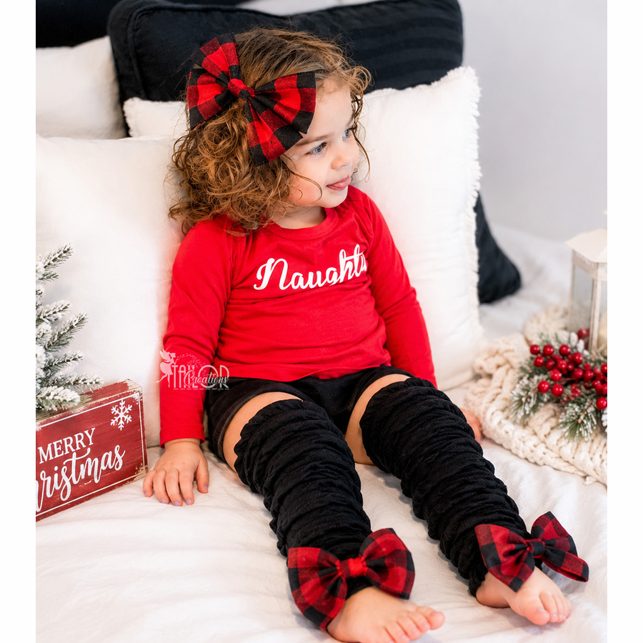Buffalo Plaid Leg Warmers & Hair Bow Set Baby Girl and Toddler Kids - Christmas Plaid Headband and Leg Warmers Set