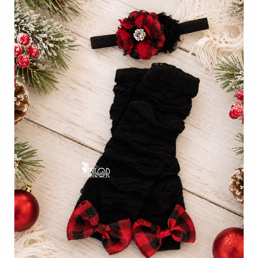 Buffalo Plaid Ruffle Bow Leg Warmers, Christmas Plaid Headband Leg Warmerns Gift Set, Check Plaid Bow LeggingsSet