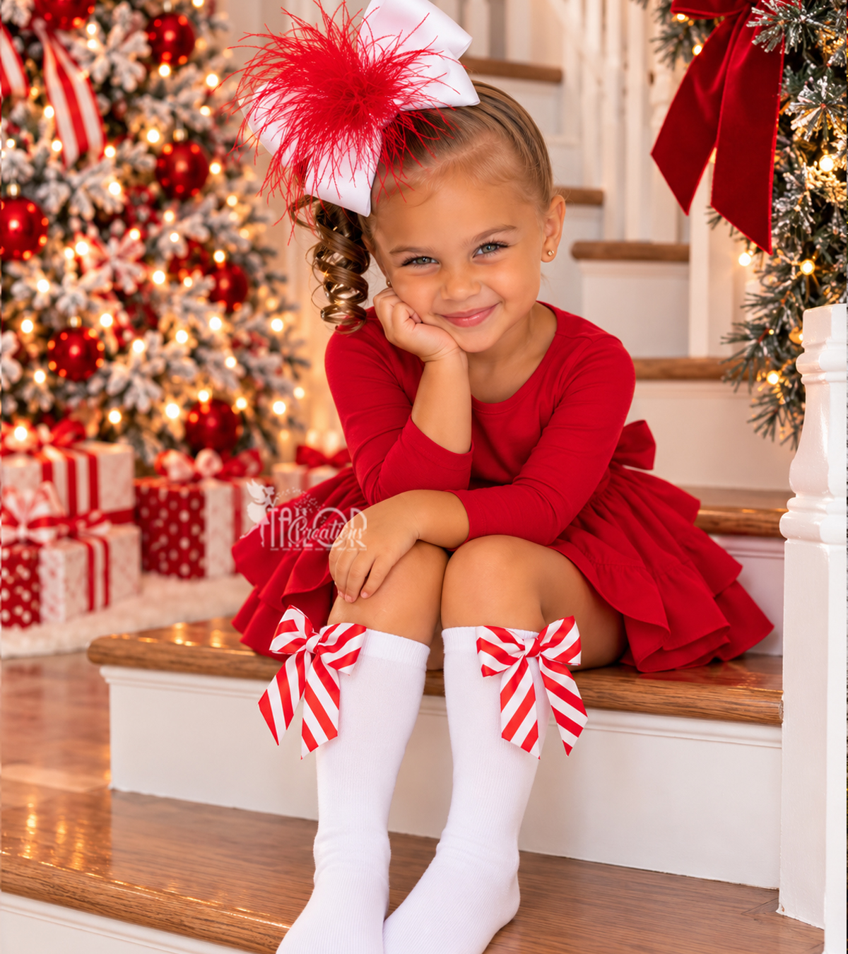 Candy Cane Christmas Toddler Girl Socks - Christmas Peppermint Knee High Bow Socks for Kids