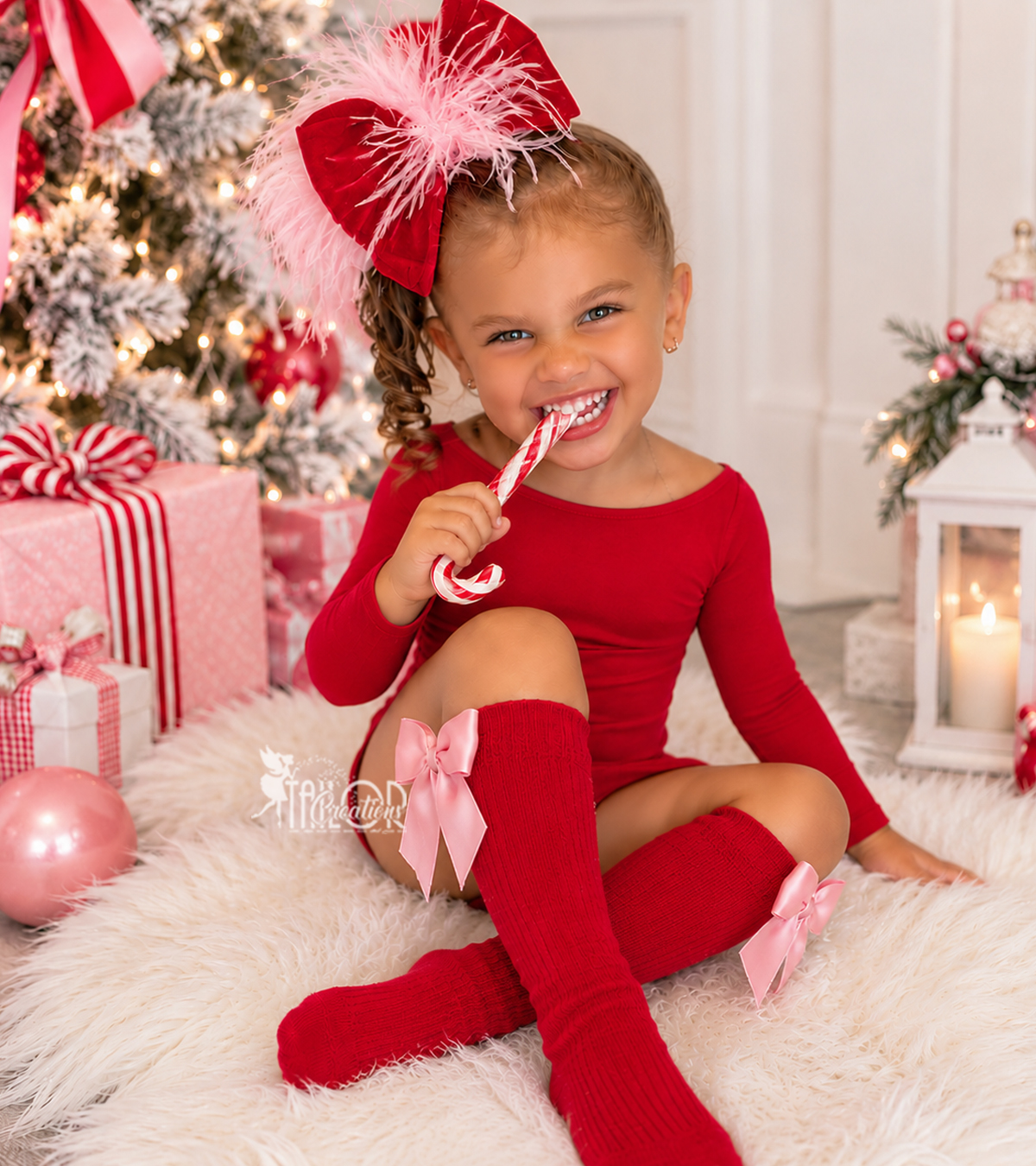 Christmas Bow Knee High Toddler Girls Socks - Holiday Ostrich Hair Bow Clip and Socks Set