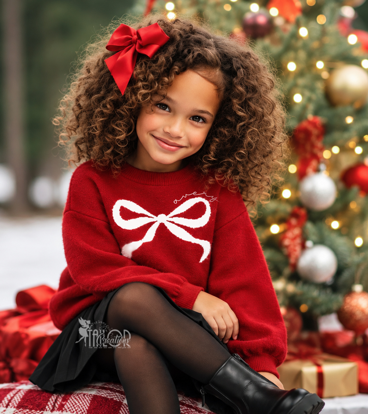 Christmas Red Bow Sweatshirt - Personalized Coquette Holiday Sweater for Kids