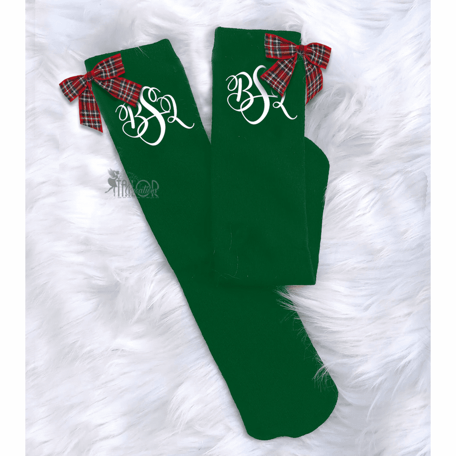Christmas Tartan Plaid Bow Knee High Custom Socks - Christmas Monogram Socks Toddler Kids