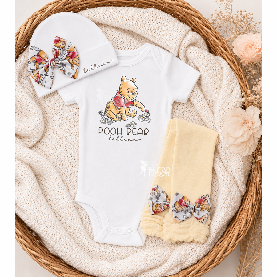 Classic Pooh Bear Custom Baby Girl Outfit - Unique Winnie the Pooh Baby Shower Gift Box Set