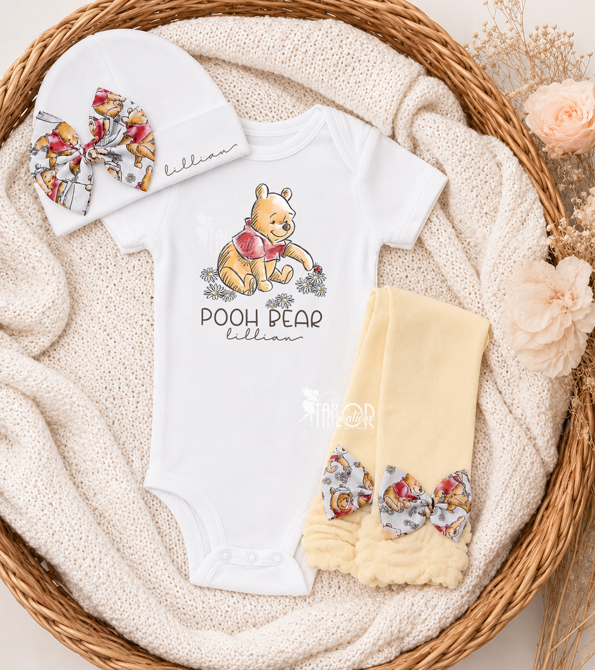 Classic Pooh Bear Custom Baby Girl Outfit - Unique Winnie the Pooh Baby Shower Gift Box Set
