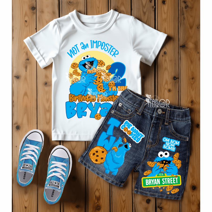 Cookie Monster Birthday Outfit - Monster Denim Birthday Outfit - Blue Monster
