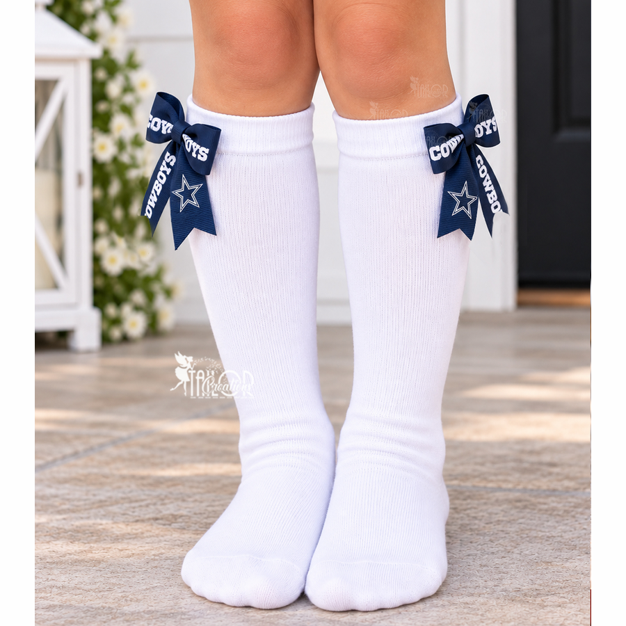Cowboys Football Knee High Bow Socks for Girls - Custom Sports Team Bow Socks for Kids