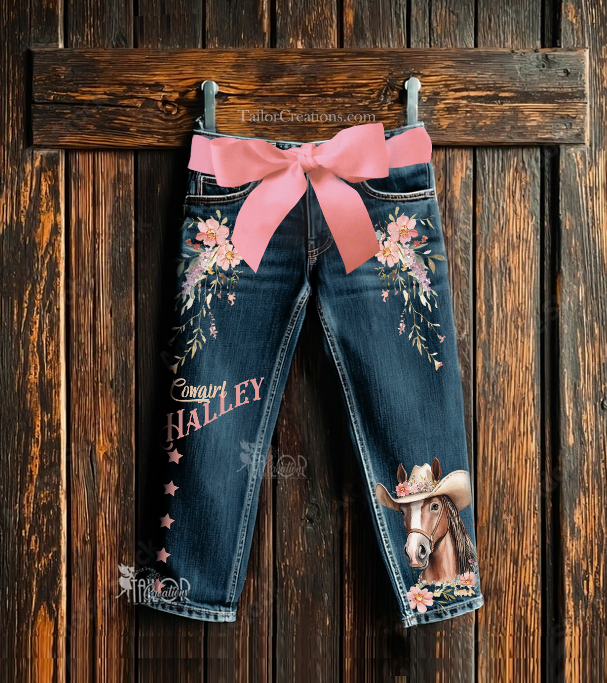 Cowgirl Country Western Custom Rodeo Horse Denim Pants - Coquette Cowgirl Boho Birthday Party Outfit