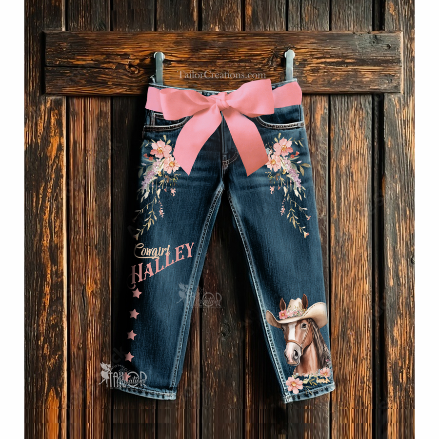 Cowgirl Country Western Custom Rodeo Horse Denim Pants - Coquette Cowgirl Boho Birthday Party Outfit