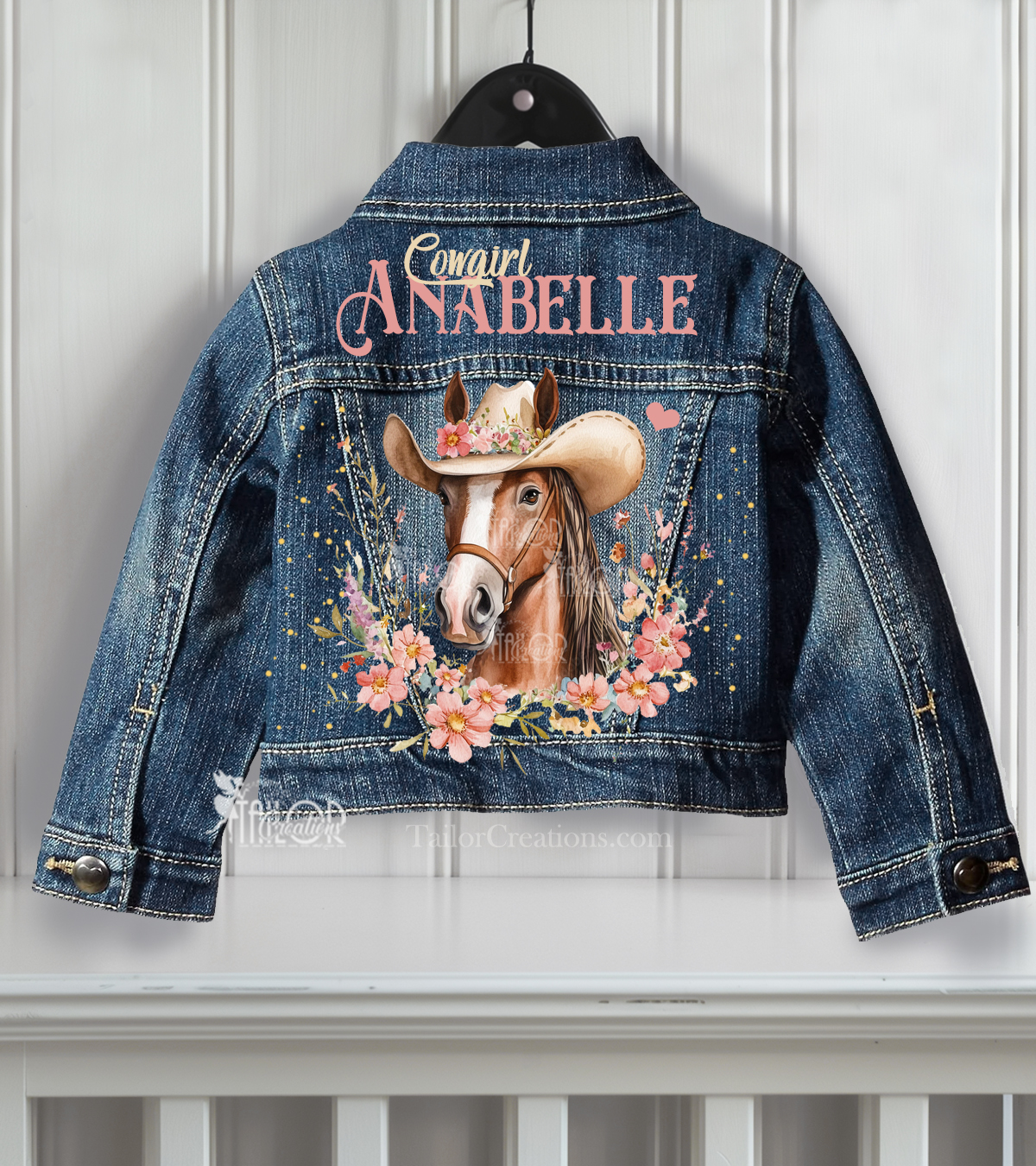 Cowgirl Horse Boho Pink Pastel Denim Jacket for Girls - Western Theme Cowgirl Watercolor Denim Jean Jacket