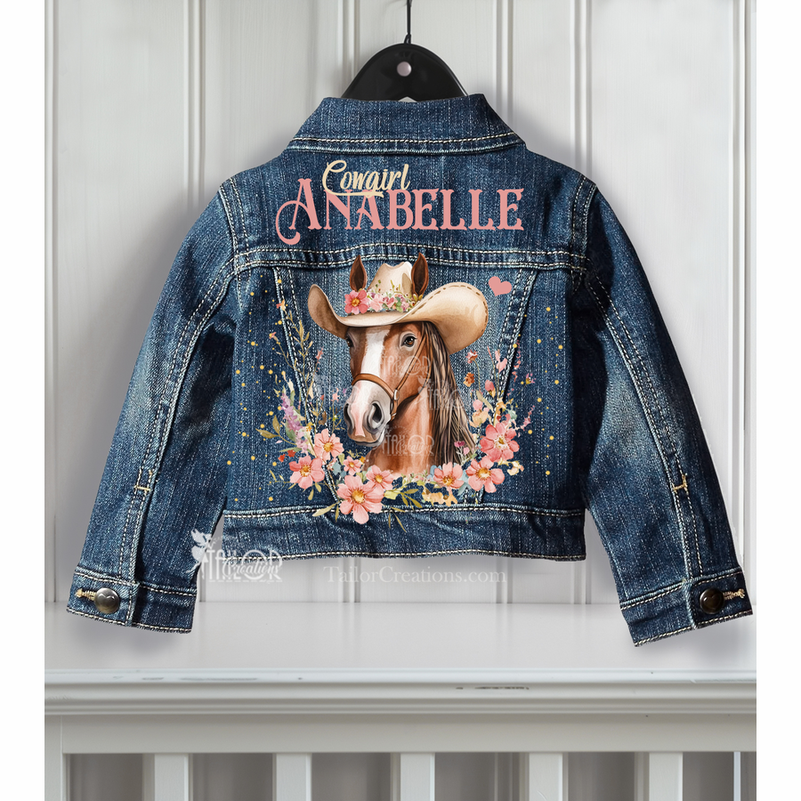 Cowgirl Horse Boho Pink Pastel Denim Jacket for Girls - Western Theme Cowgirl Watercolor Denim Jean Jacket