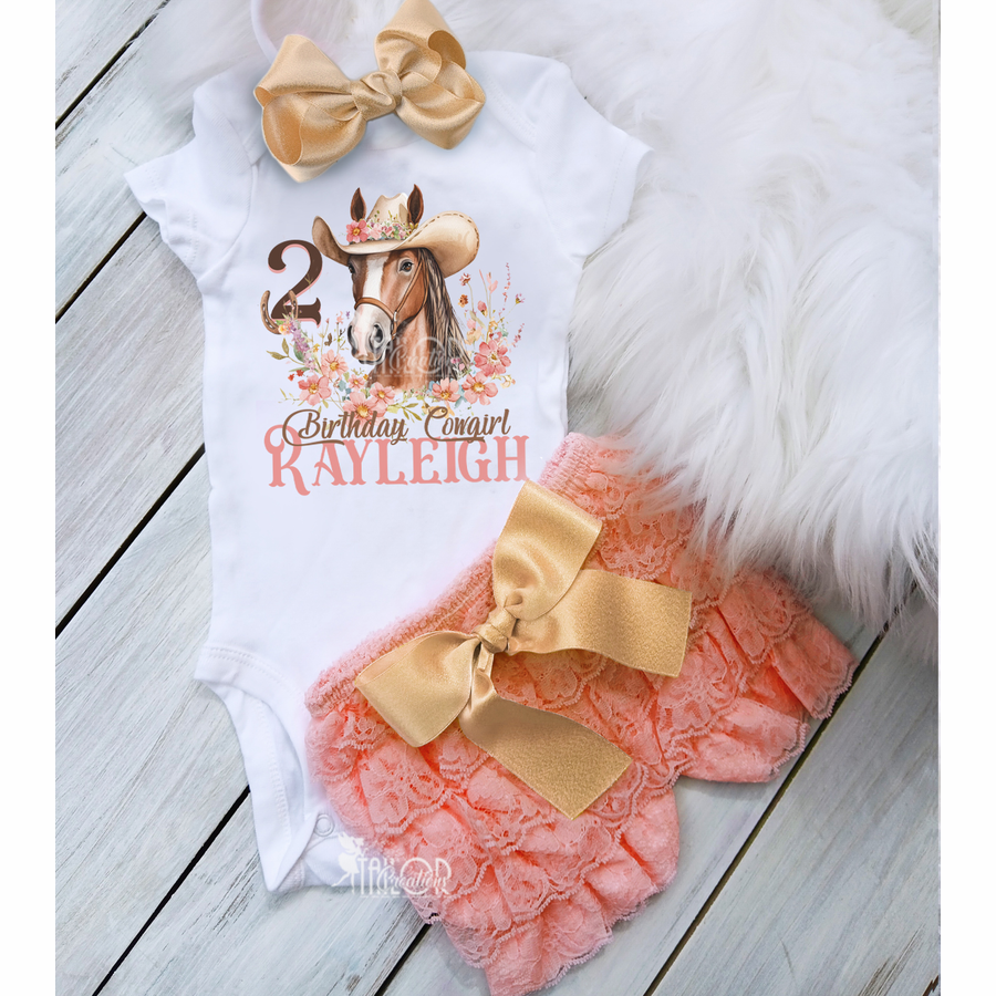 Cowgirl Western Horse Boho Birthday Outfit - Coquette Baby Girl Boho Lace Outfit - Western Theme Cake Smash Set Girl