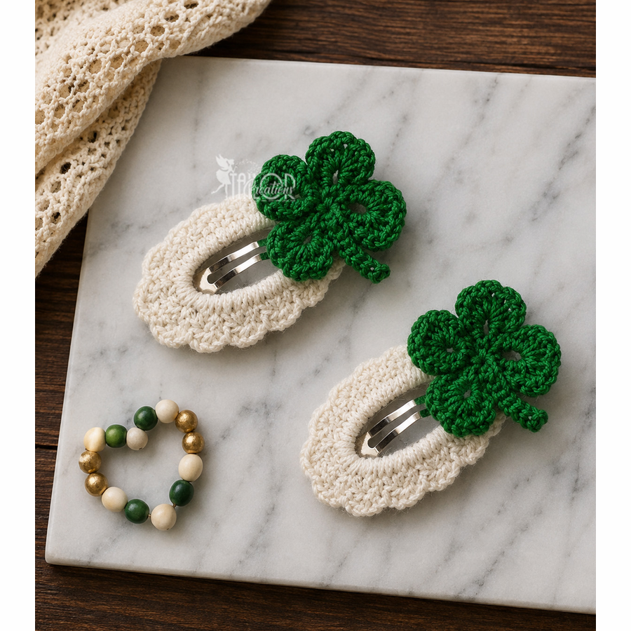 Crochet Shamrock Clover Knitted Toddler Girls Hair Clip - Lucky St Patricks Day Crochet Accessories