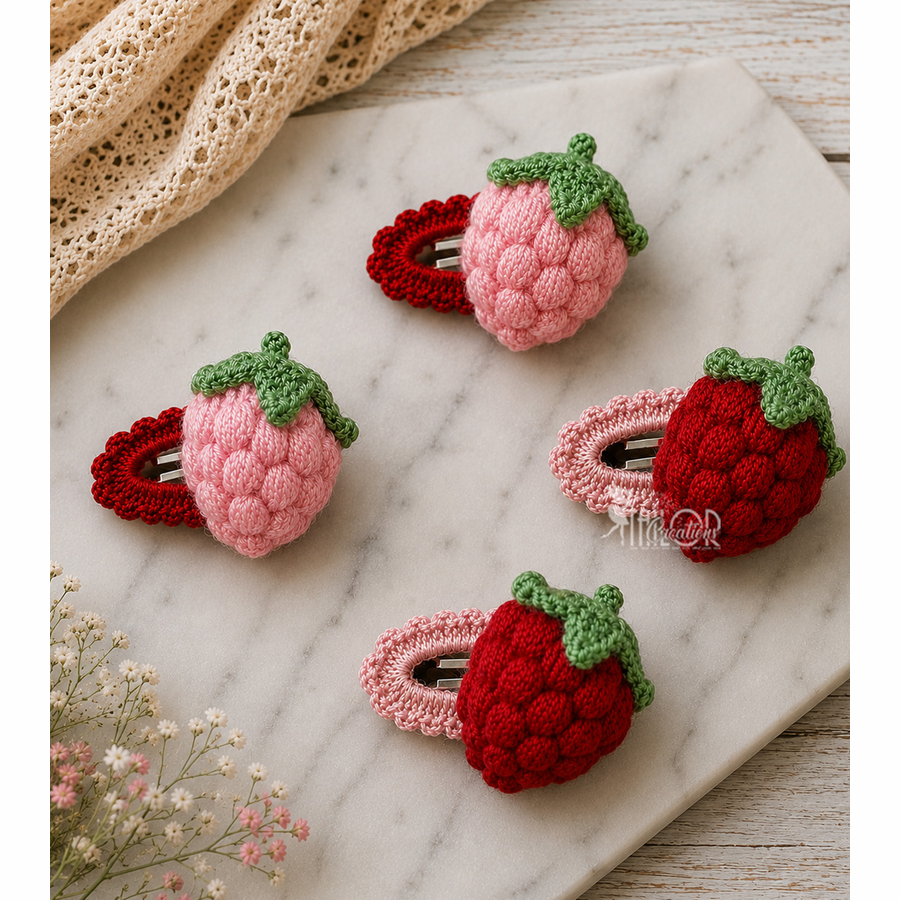 Crochet Strawberry Hair Clip - Pink Strawberry Crochet Hair Clip for Toddler Girl