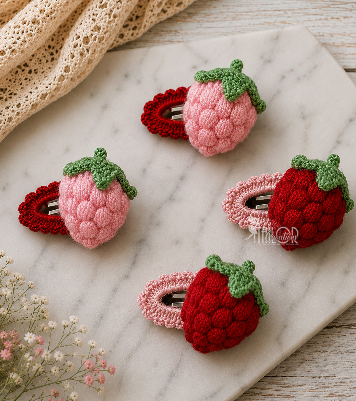 Crochet Strawberry Hair Clip - Pink Strawberry Crochet Hair Clip for Toddler Girl