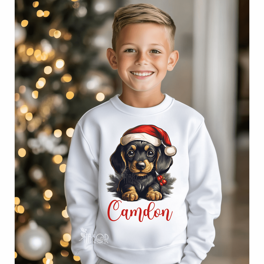 Custom Dachshund Puppy Dog Santa Hat Name Sweatshirt Kids - Custom Christmas Dog Toddler Sweatshirt