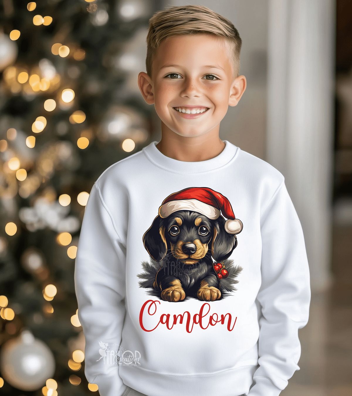 Custom Dachshund Puppy Dog Santa Hat Name Sweatshirt Kids - Custom Christmas Dog Toddler Sweatshirt