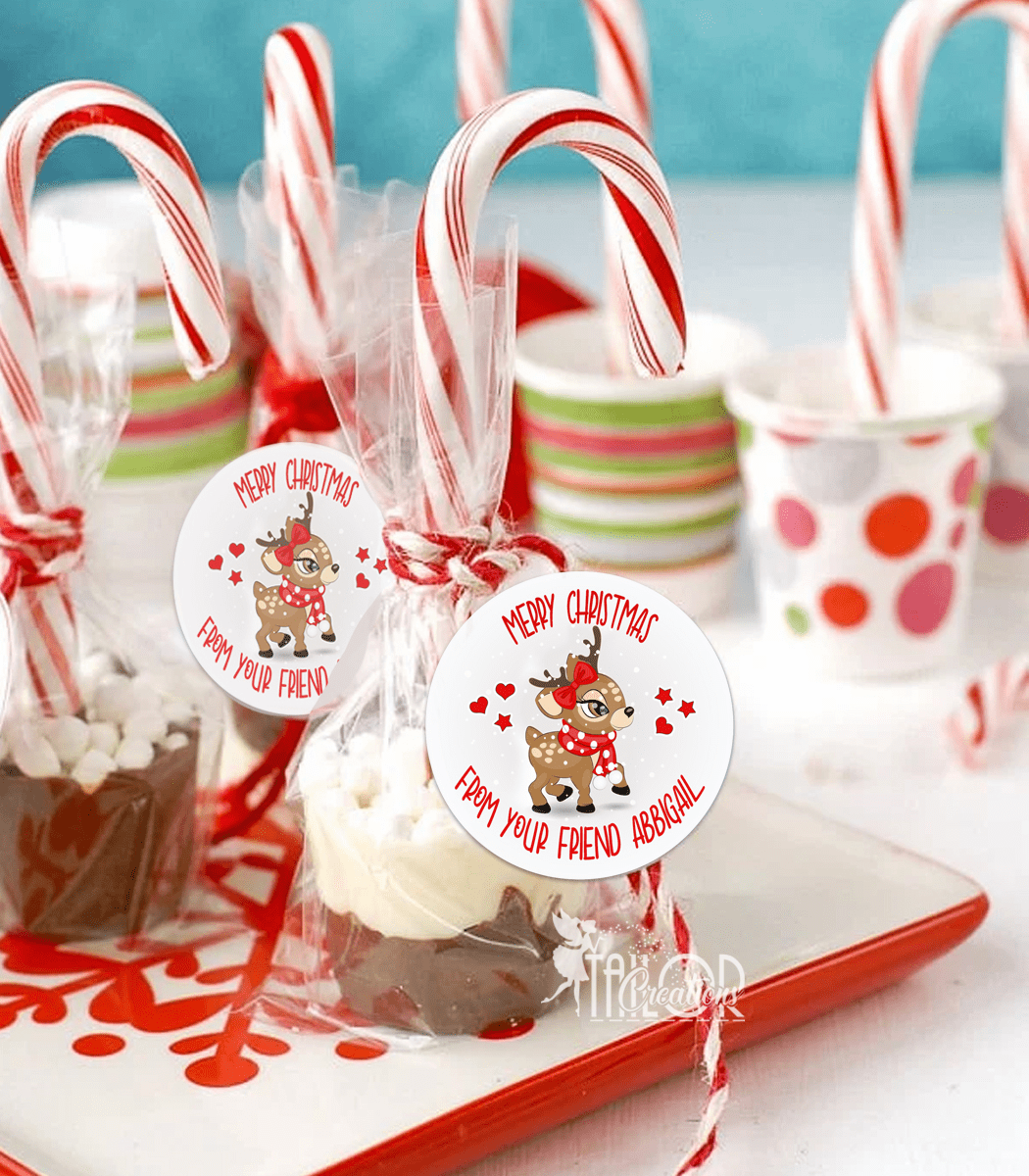 Cute Girl Reindeer Christmas Stickers - Girl Reindeer Gift Tag Labels for Kids