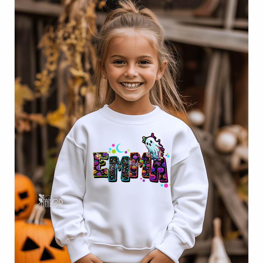 Cute Personalized Halloween Sweatshirt for Girls - Custom Name Ghost Sweater Girls