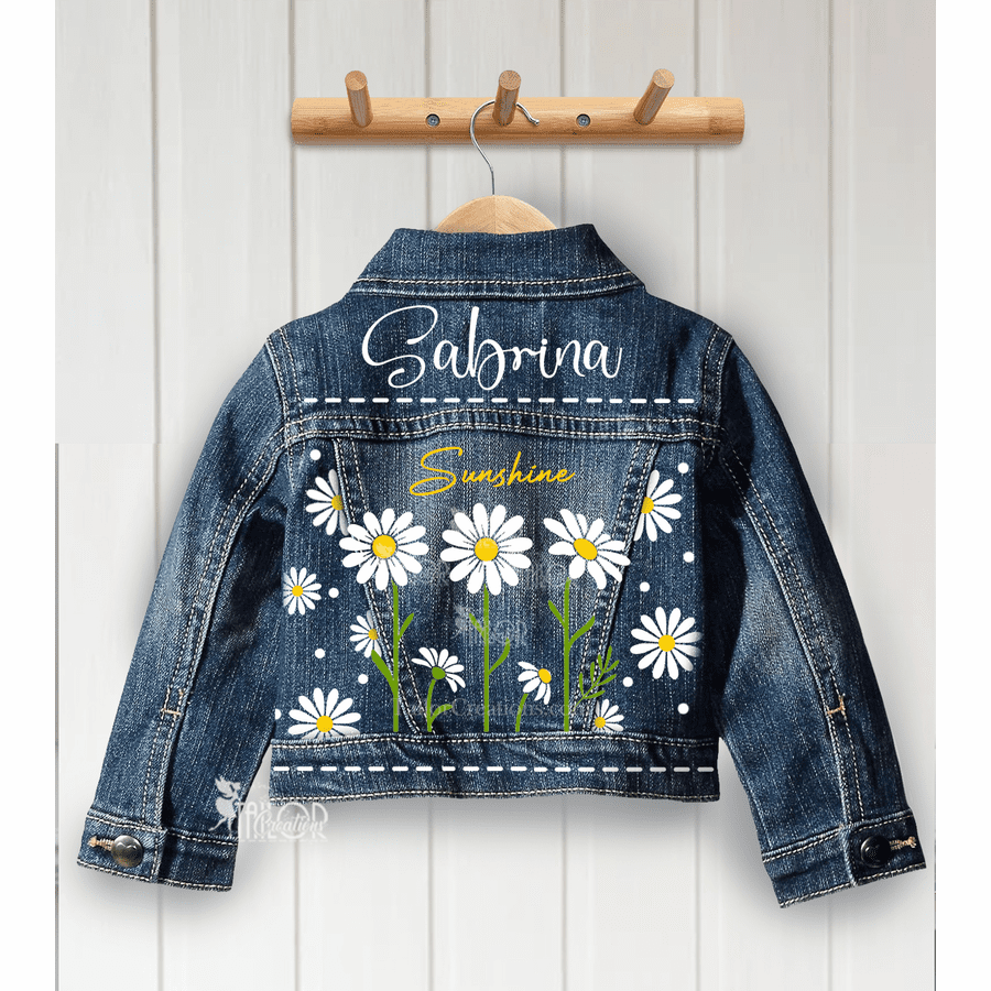 Daisy Flower Custom Name Jean Jacket - Flower Theme Denim Jacket Kids