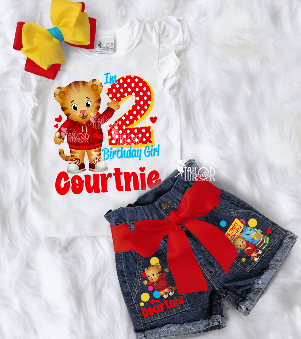 Daniels Tiger Custom Denim Birthday Outfit for Girls - Daniels Tiger Birthday Tee Shirt Shorts Set