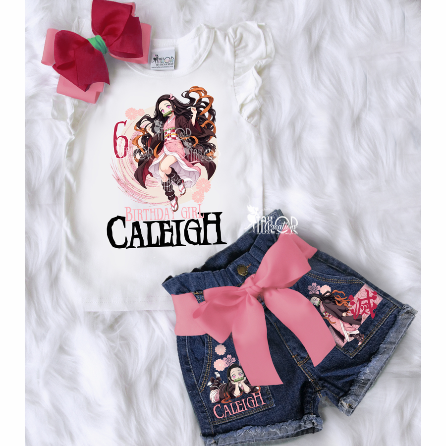 Demon Slayer Nezuko Kamado Custom Denim Birthday Outfit Kids - Nezuko Kamado Birthday Shorts Set
