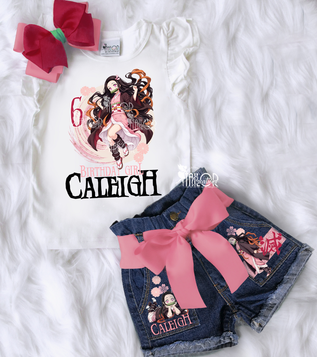 Demon Slayer Nezuko Kamado Custom Denim Birthday Outfit Kids - Nezuko Kamado Birthday Shorts Set