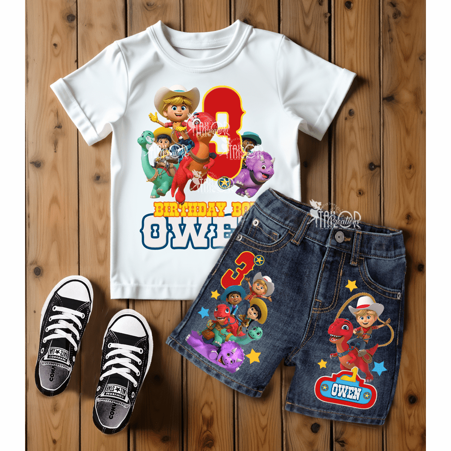Dino Ranch Custom Denim Birthday Party Outfit Toddler/Kids - Dino Ranch Birthday Shorts and Tee Shirt