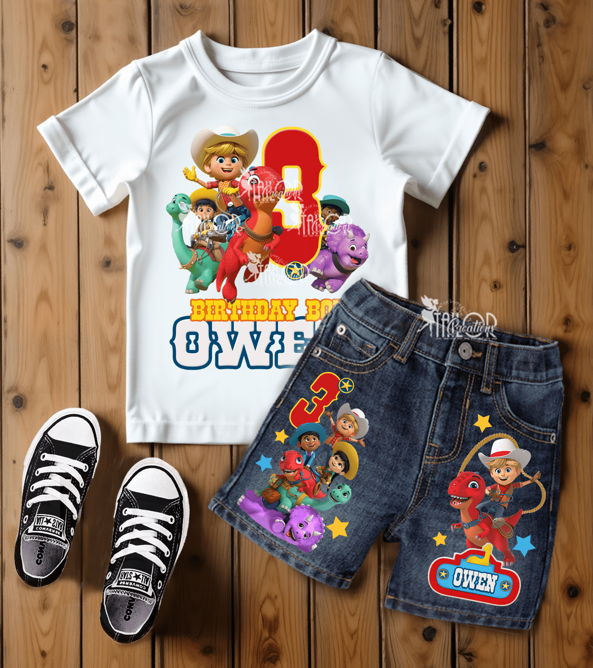 Dino Ranch Custom Denim Birthday Party Outfit Toddler/Kids - Dino Ranch Birthday Shorts and Tee Shirt