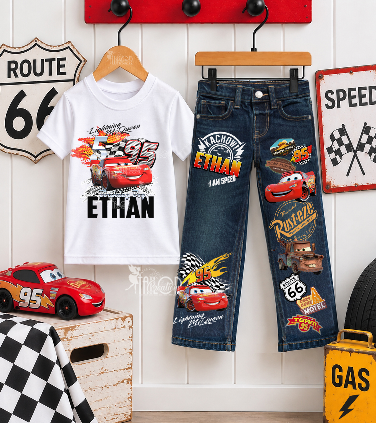 Disney Cars McQueen Denim Birthday Outfit - Lightning McQueen Custom Birthday Tee Shirt Outfit Set