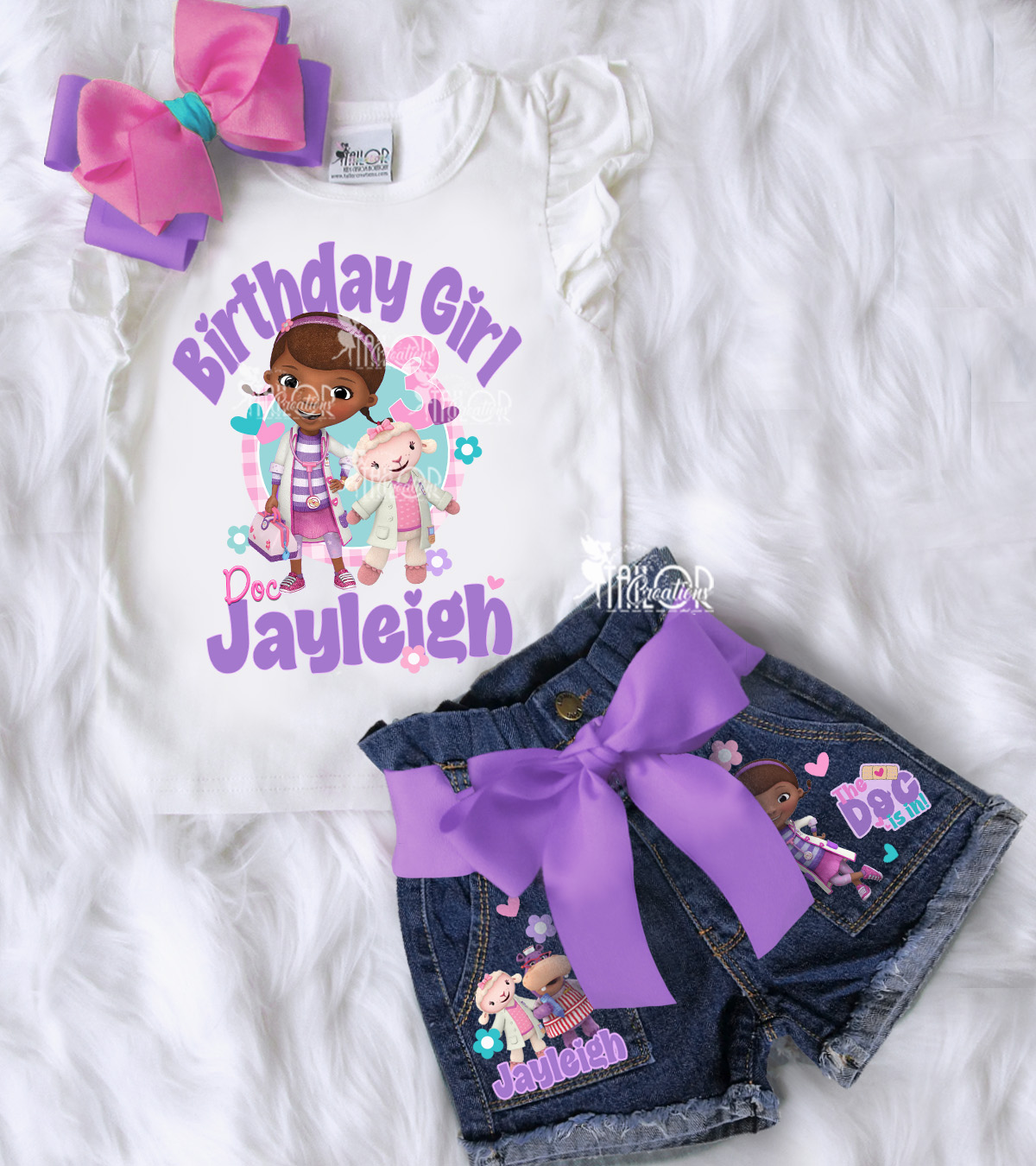 Doc McStuffins Custom Denim Birthday Outfit for Toddler Girls - Doc McStuffins Birthday Party Tee Shirt Shorts Set