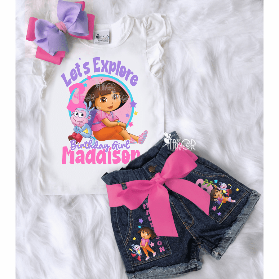 Dora the Explorer Birthday Party Outfit for Toddler Girls - Dora Denim Birthday Outfit