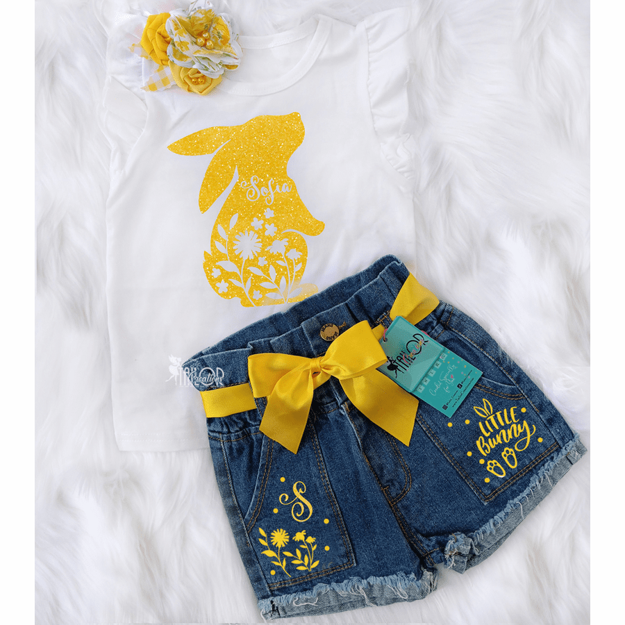 Easter Bunny Yellow Glitter Personalized Denim Outfit Toddler Girl - Custom Easter Egg Hunt Outfit