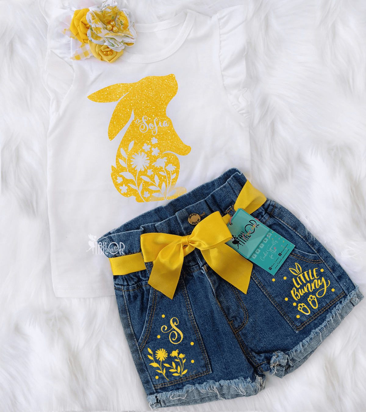 Easter Bunny Yellow Glitter Personalized Denim Outfit Toddler Girl - Custom Easter Egg Hunt Outfit